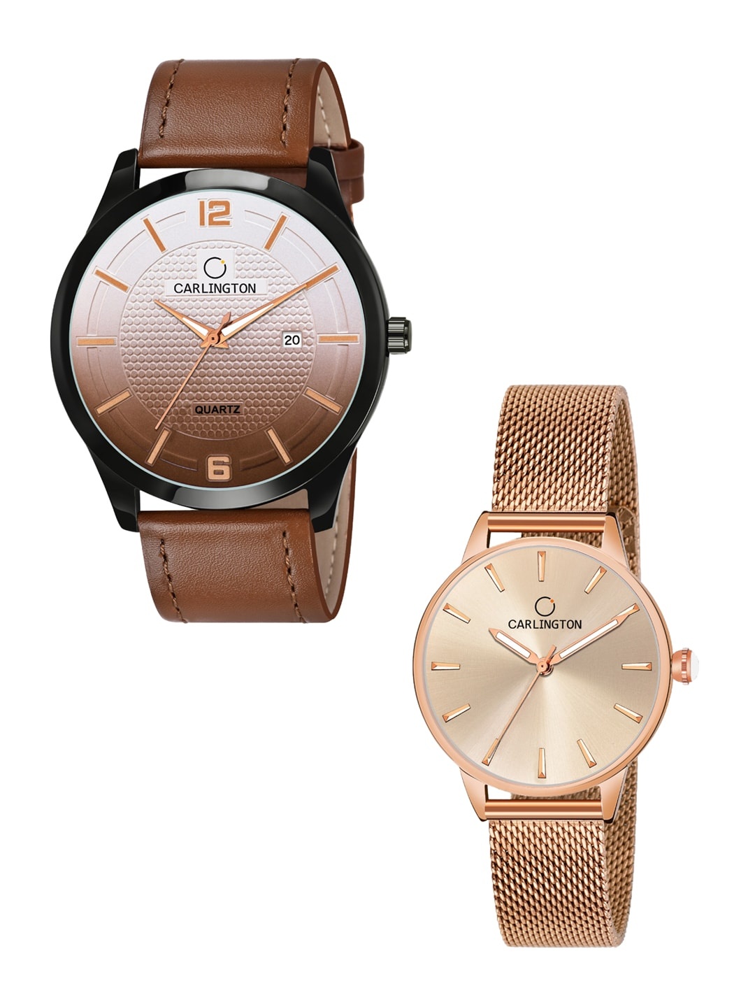 

CARLINGTON Unisex Tan & Rose Gold Set Of His & Her Analogue Watch Set