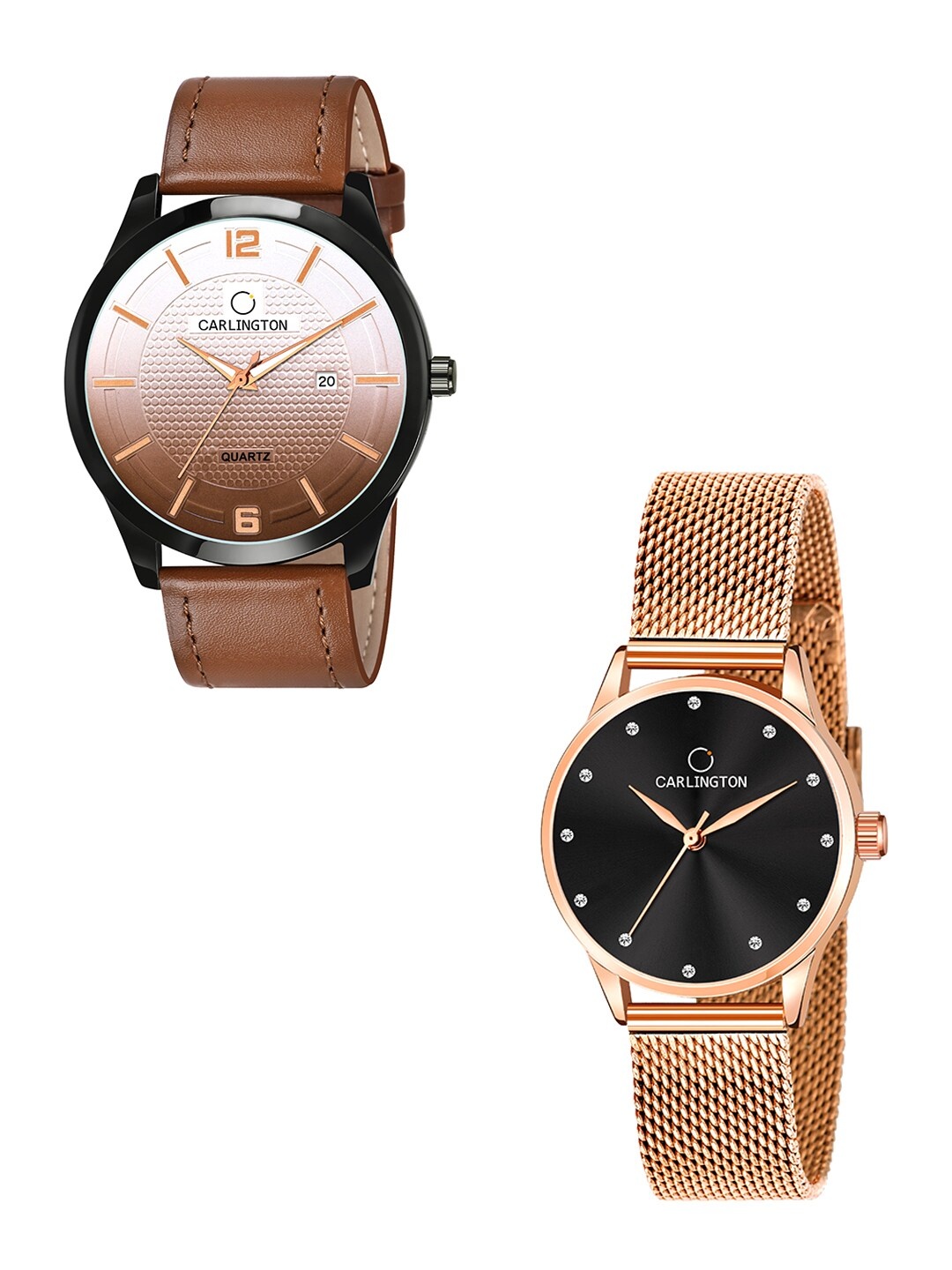 

CARLINGTON Unisex Set Of 2 Multicoloured Dial & Leather Straps Analogue Watches Combo CT1010 Tan - CT2009 Rose, Multi