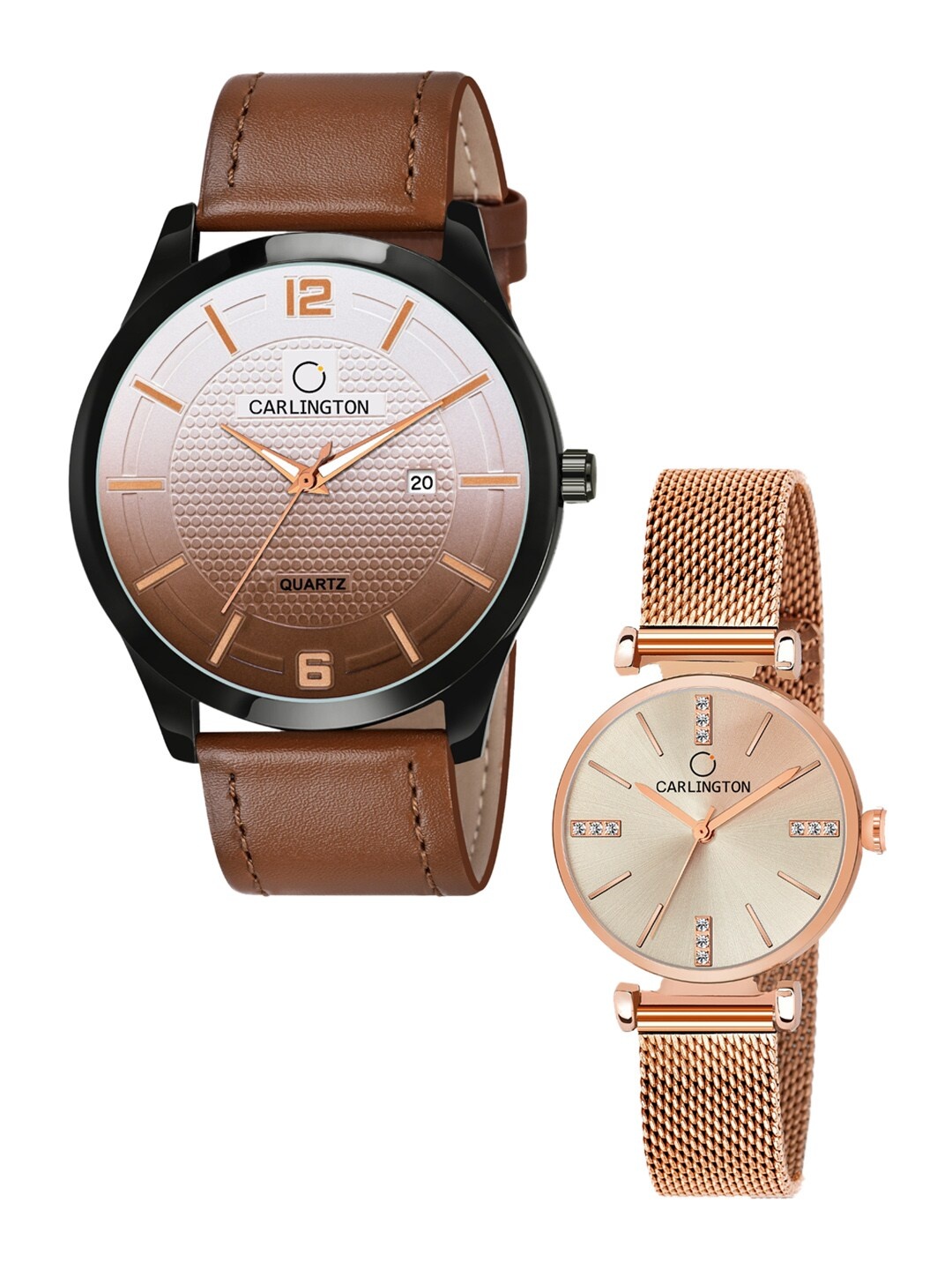 

CARLINGTON Unisex His and Her Watches Watch - Combo CT1010 Tan - CT2011 RoseGold