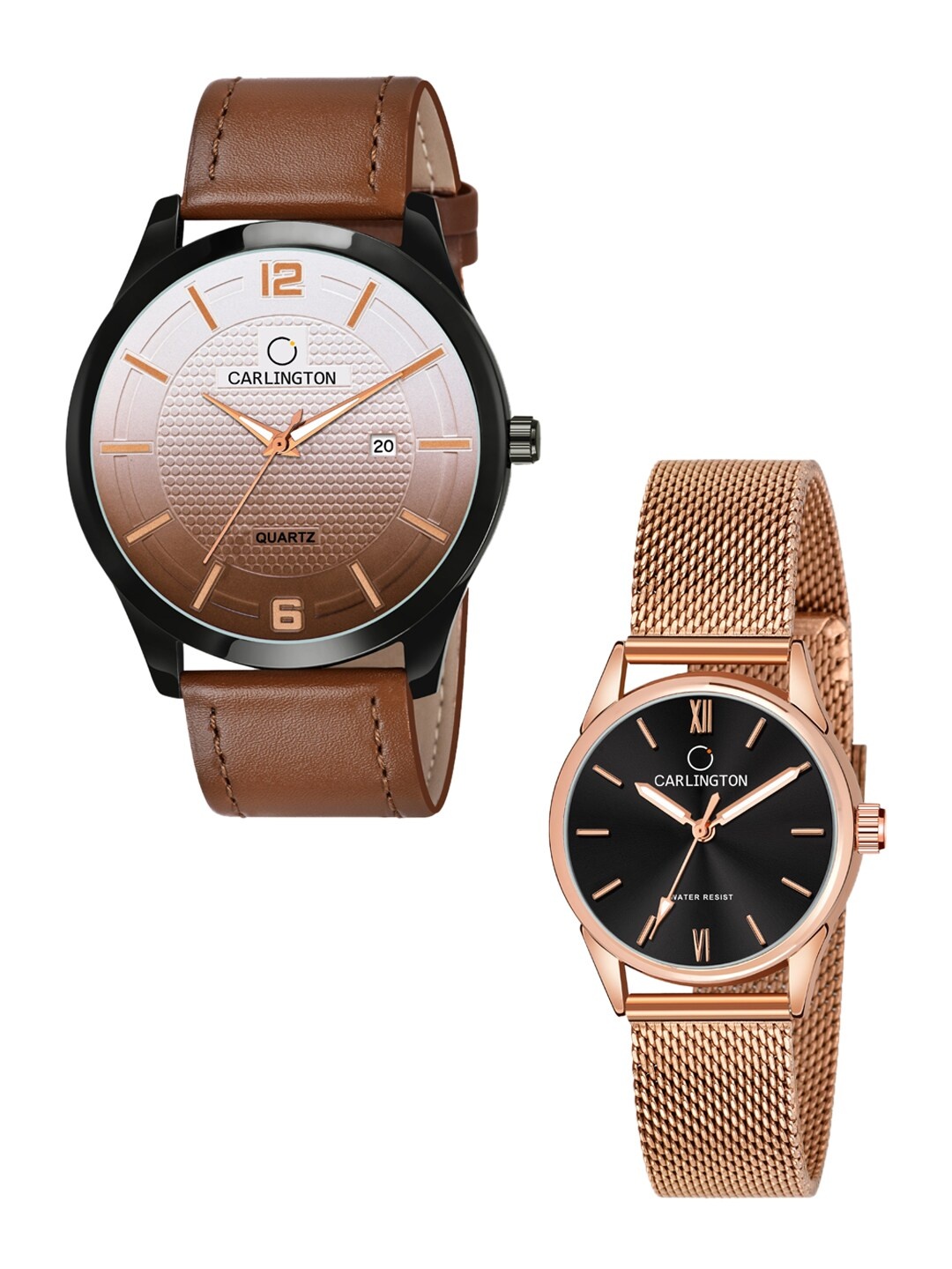 

CARLINGTON Unisex Tan & Rose-Gold Set Of His & Her Analogue Watch Set