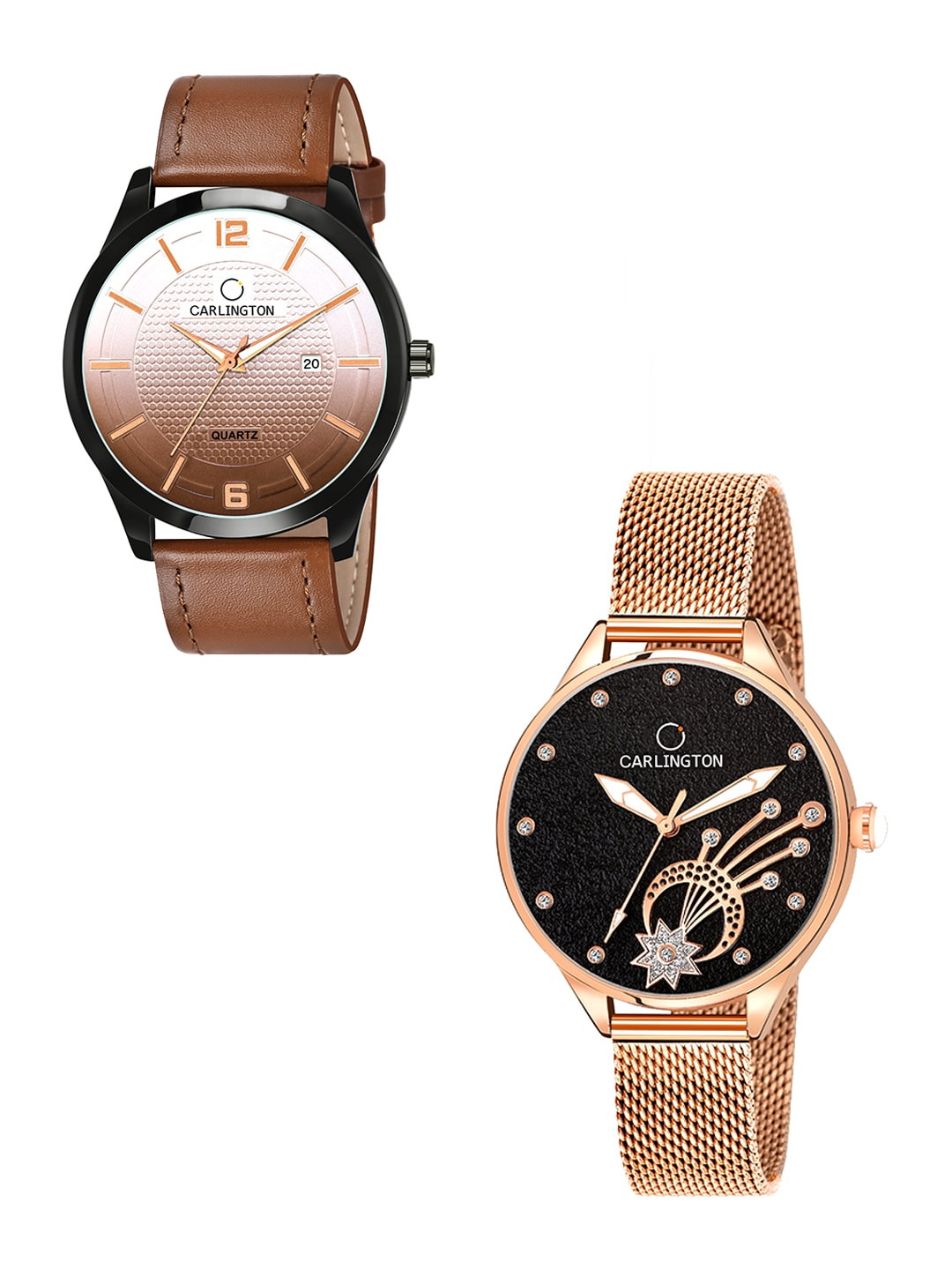 

CARLINGTON Brown & Black His & Her Leather Straps Analogue Watch CT1010 CT2020