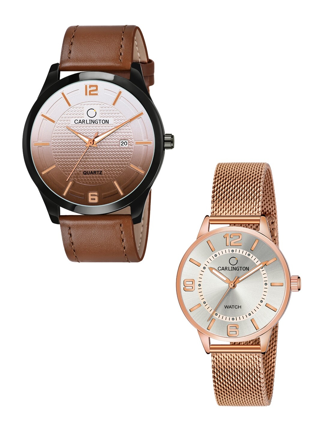 

CARLINGTON Unisex Set Of 2 Multicoloured Dial & Leather Straps Analogue Watches Combo CT1010 Tan - CT2002 Rose, Multi