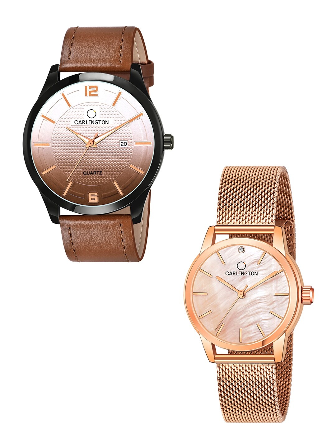 

CARLINGTON Unisex Multicoloured Analogue Watch Combo CT1010 Tan - CT2010 RoseGold