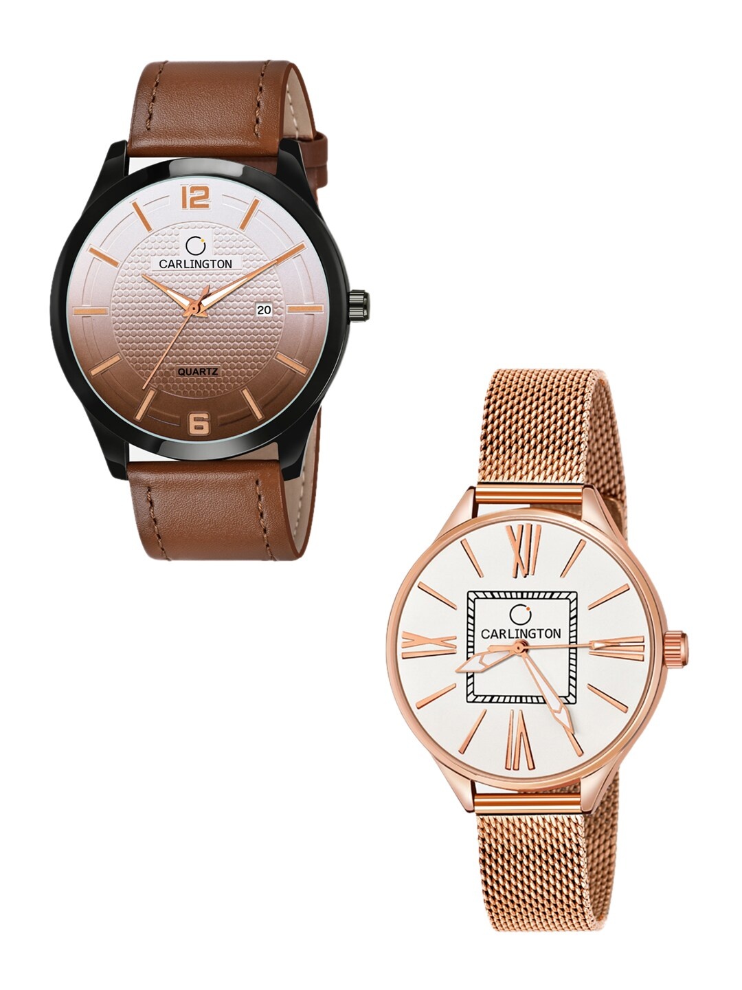 

CARLINGTON Unisex Brown & Black Set Of 2 Analogue Watch Combo CT1010 Tan - CT2015 Rose