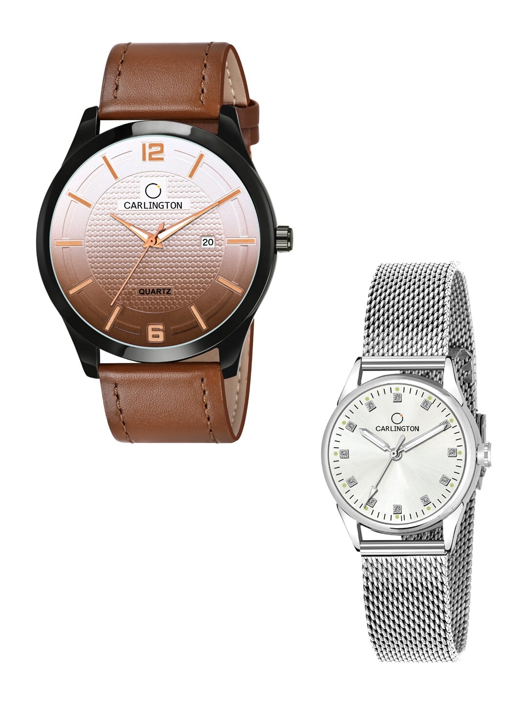 

CARLINGTON Unisex Tan & Silver Set Of His & Her Analogue Watch Set