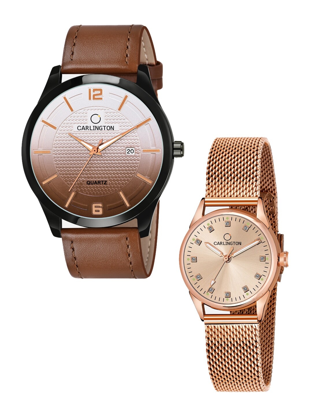 

CARLINGTON Unisex Brown & Rose Gold His & Her Leather Straps Analogue Watch CT1010 CT2003