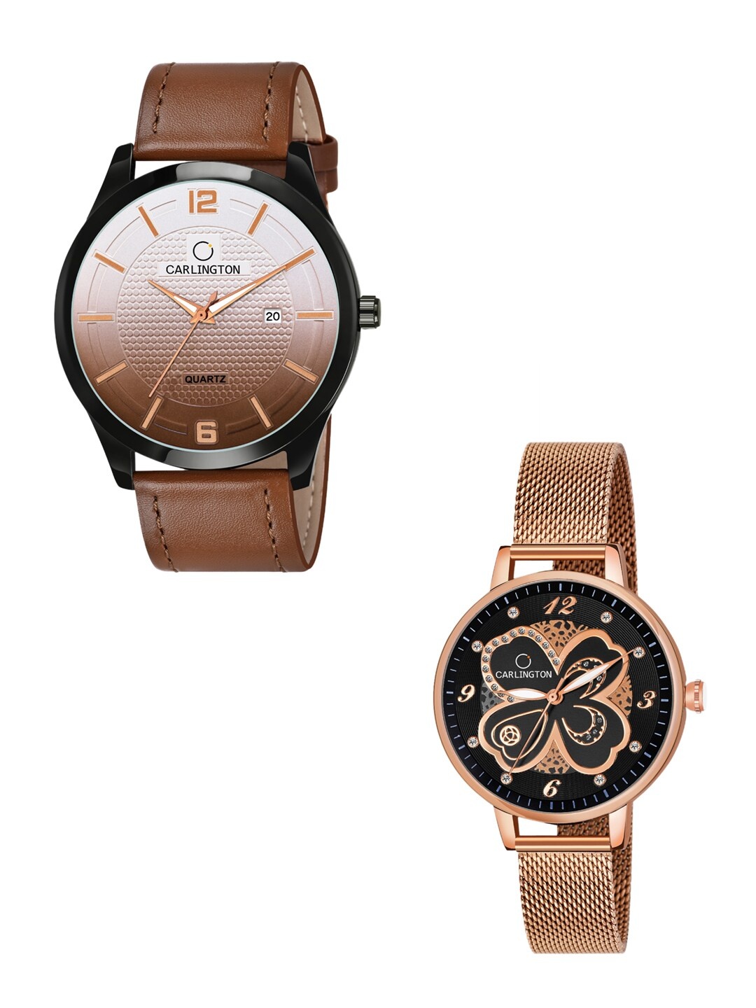 

CARLINGTON His & Her Tan Leather Straps Analogue Watches Combo CT1010 Tan