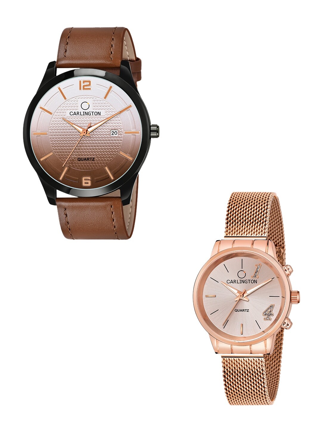 

CARLINGTON Unisex Set Of 2 Multicoloured Dial & Leather Straps Analogue Watches Combo CT1010 Tan - CT2012 Rose, Multi