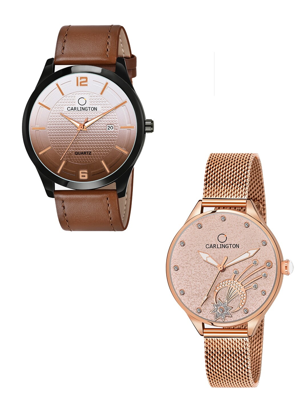 

CARLINGTON Unisex Brown & Black Set Of 2 Analogue Watch Combo CT1010 Tan - CT2020 RoseGold