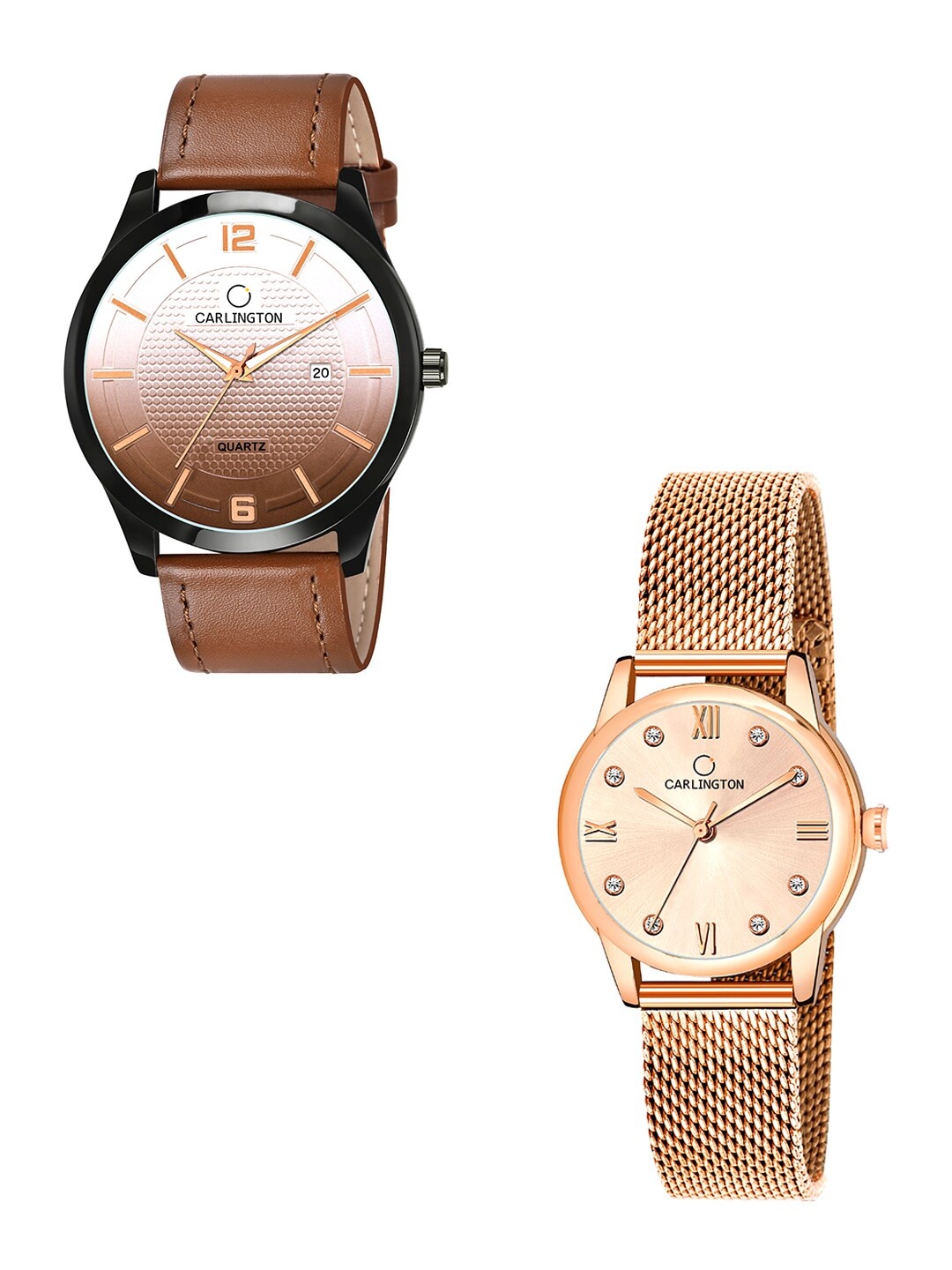 

CARLINGTON Unisex Multicoloured Dial & Leather Straps Analogue Watch Combo, Tan
