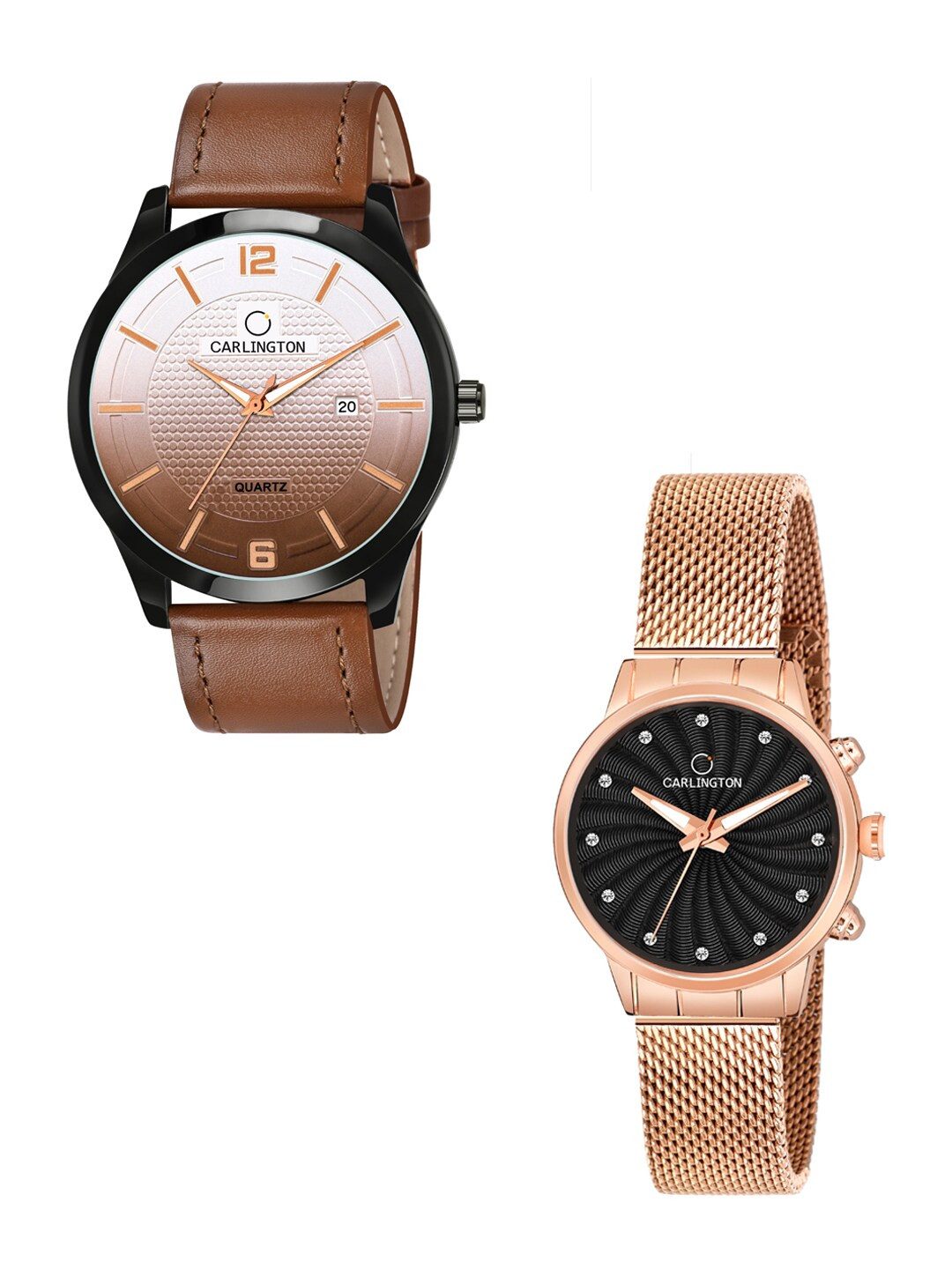 

CARLINGTON Unisex His and Her Watches Watch - Combo CT1010 Tan - CT2017 RoseBlack