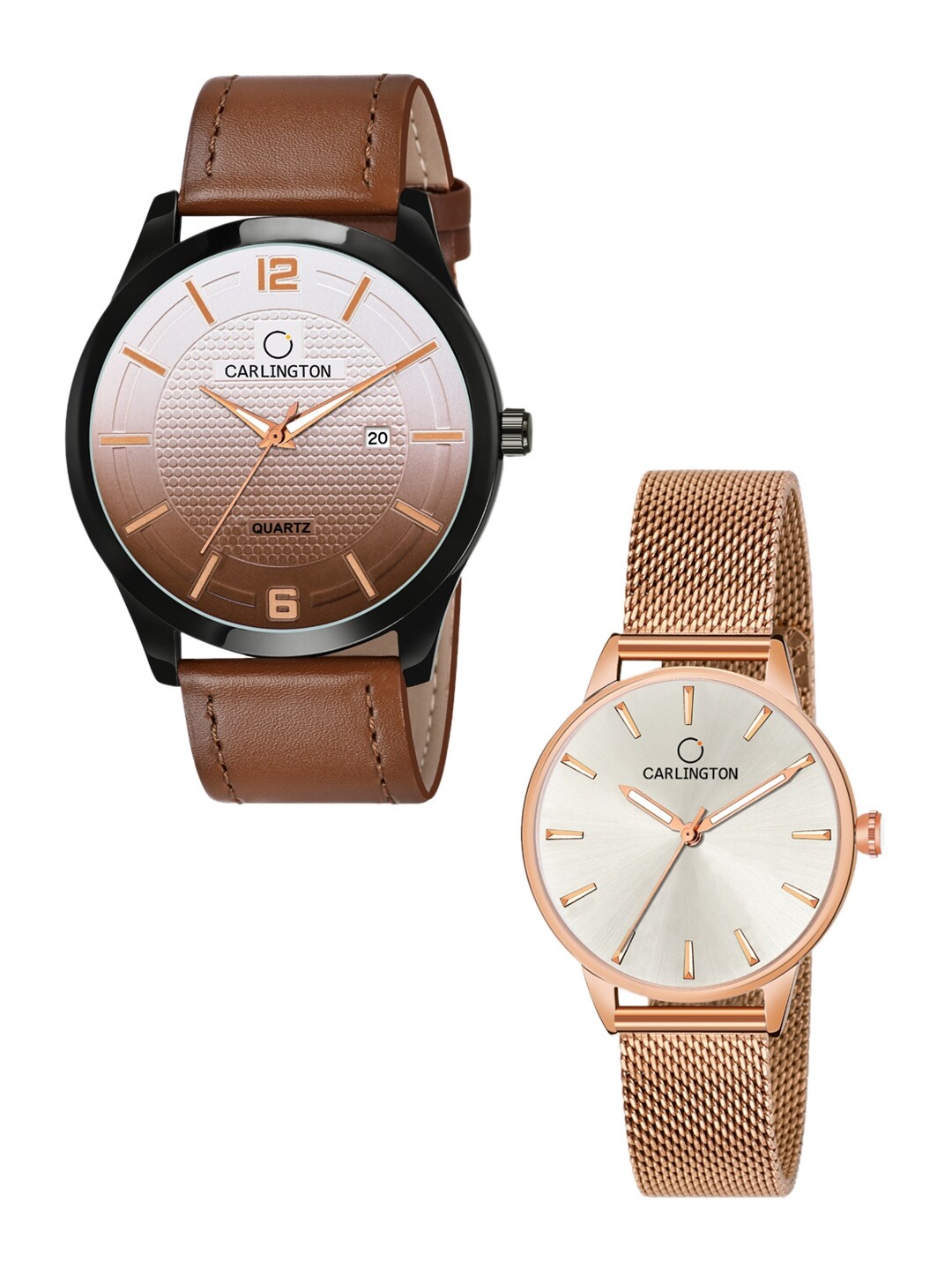 

CARLINGTON His & Her Tan Leather Straps Analogue Watches Combo CT1010 Tan