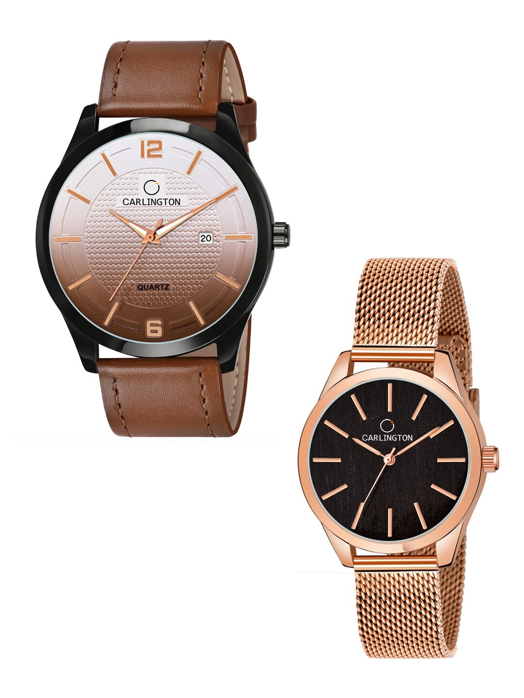 

CARLINGTON Unisex Set Of 2 Multicoloured Dial & Leather Straps Analogue Watches Combo CT1010 Tan - CT2001 Rose, Multi