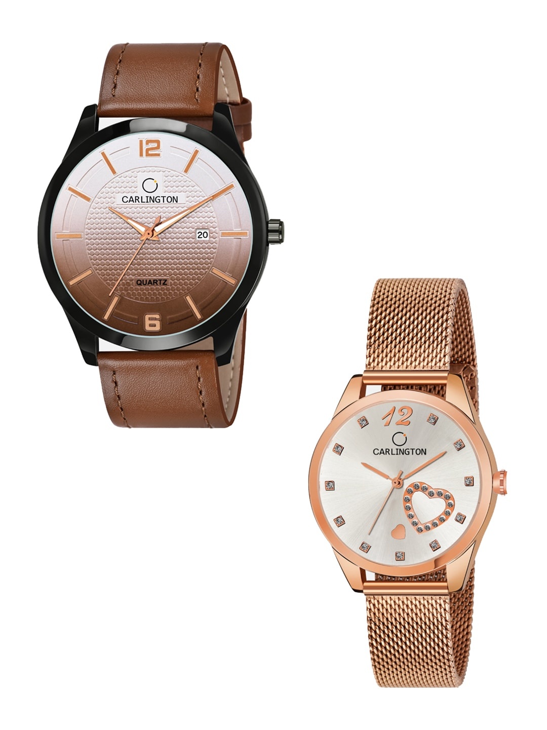 

CARLINGTON Unisex Multicoloured Analogue Watch Combo CT1010 Tan - CT2006 RoseWhite