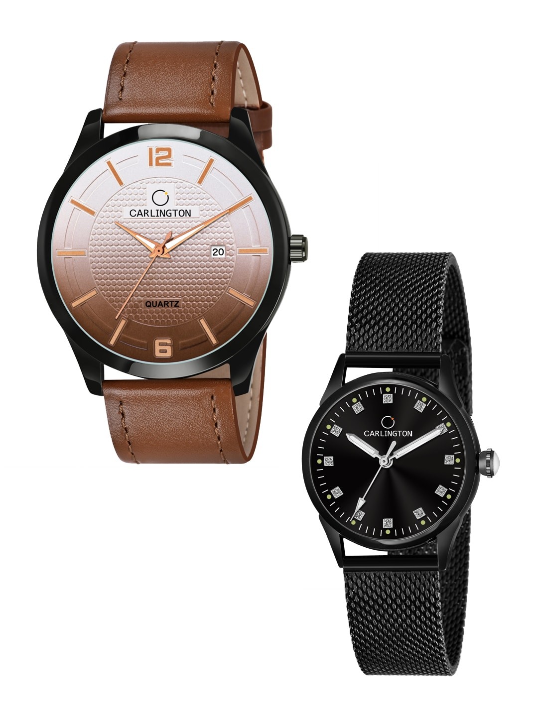 

CARLINGTON Unisex Multicoloured Embellished Dial & Leather Straps Analogue Watch Combo, Tan