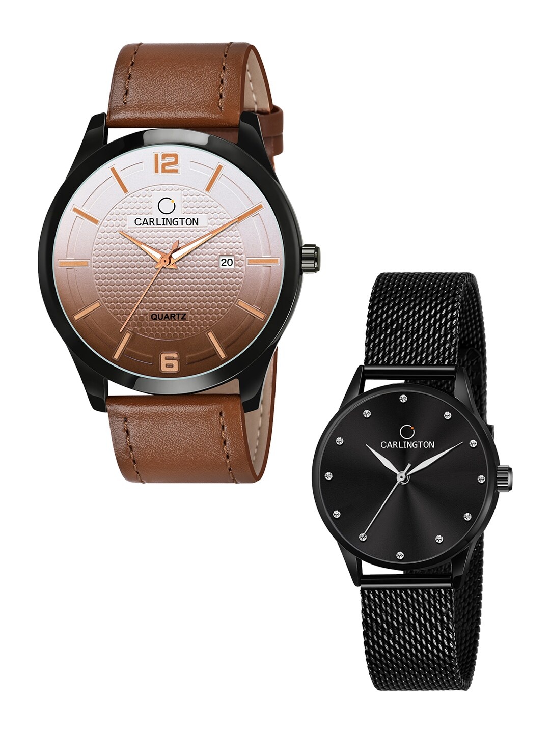 

CARLINGTON Unisex His and Her Watches Watch - Combo CT1010 Tan - CT2009 Black