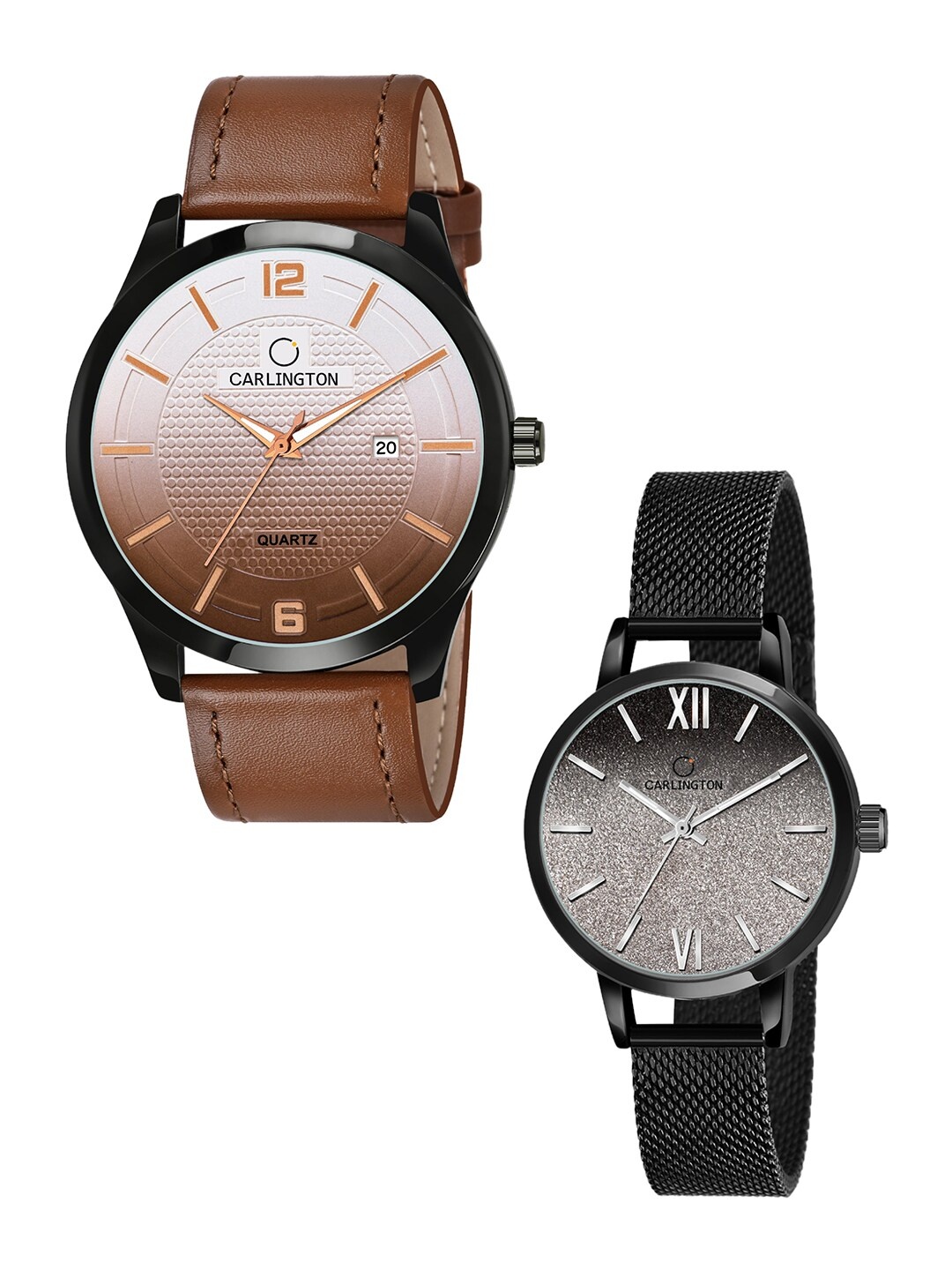 

CARLINGTON Unisex Pack Of 2 Tan & Black Dial Leather Textured Straps Watch Combo CT1010