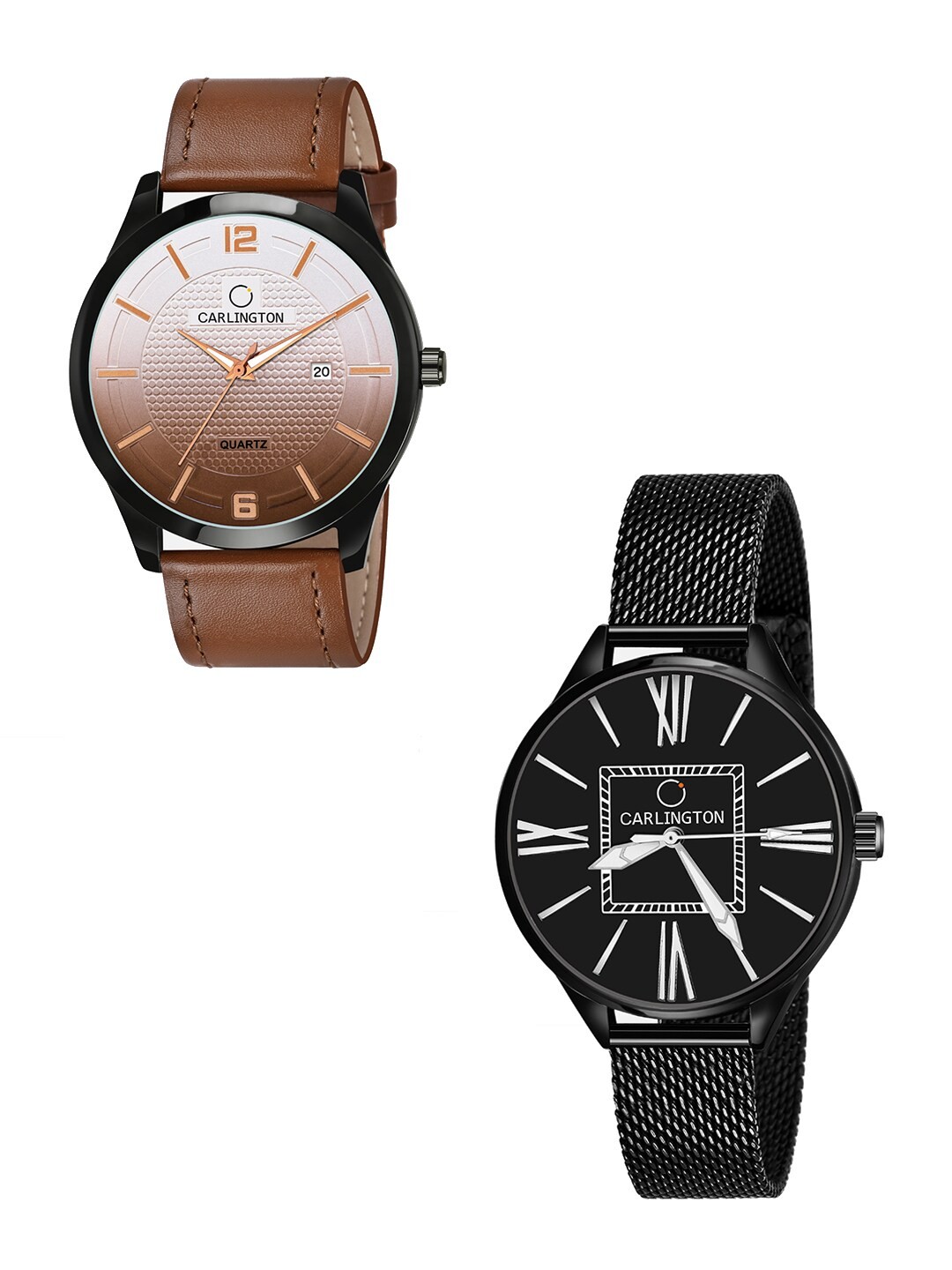 

CARLINGTON Pack Of 2 Tan & Black His & Her Analogue Watch Combo