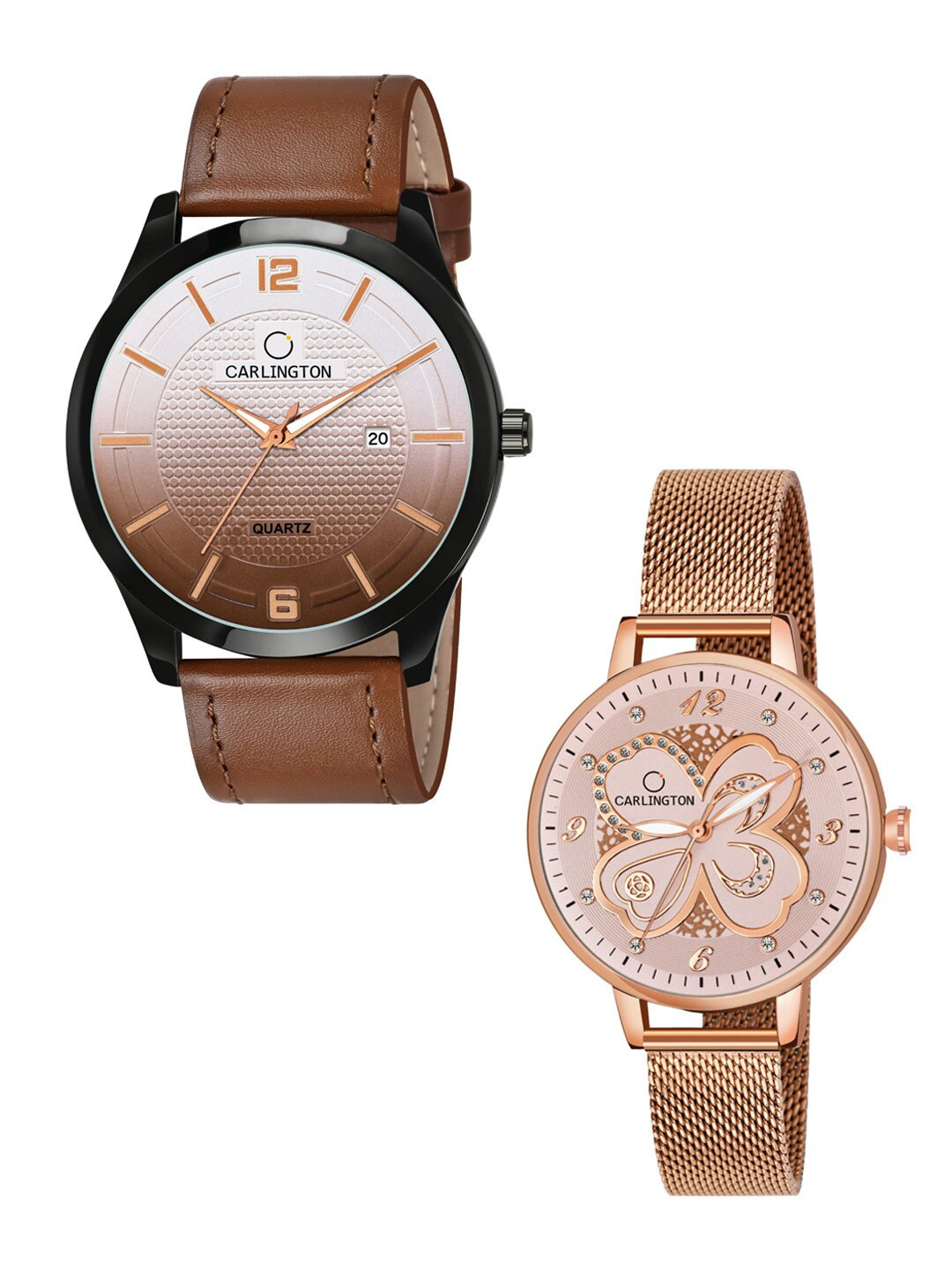 

CARLINGTON Unisex Tan & Rose Gold Set Of His & Her Analogue Watch Set