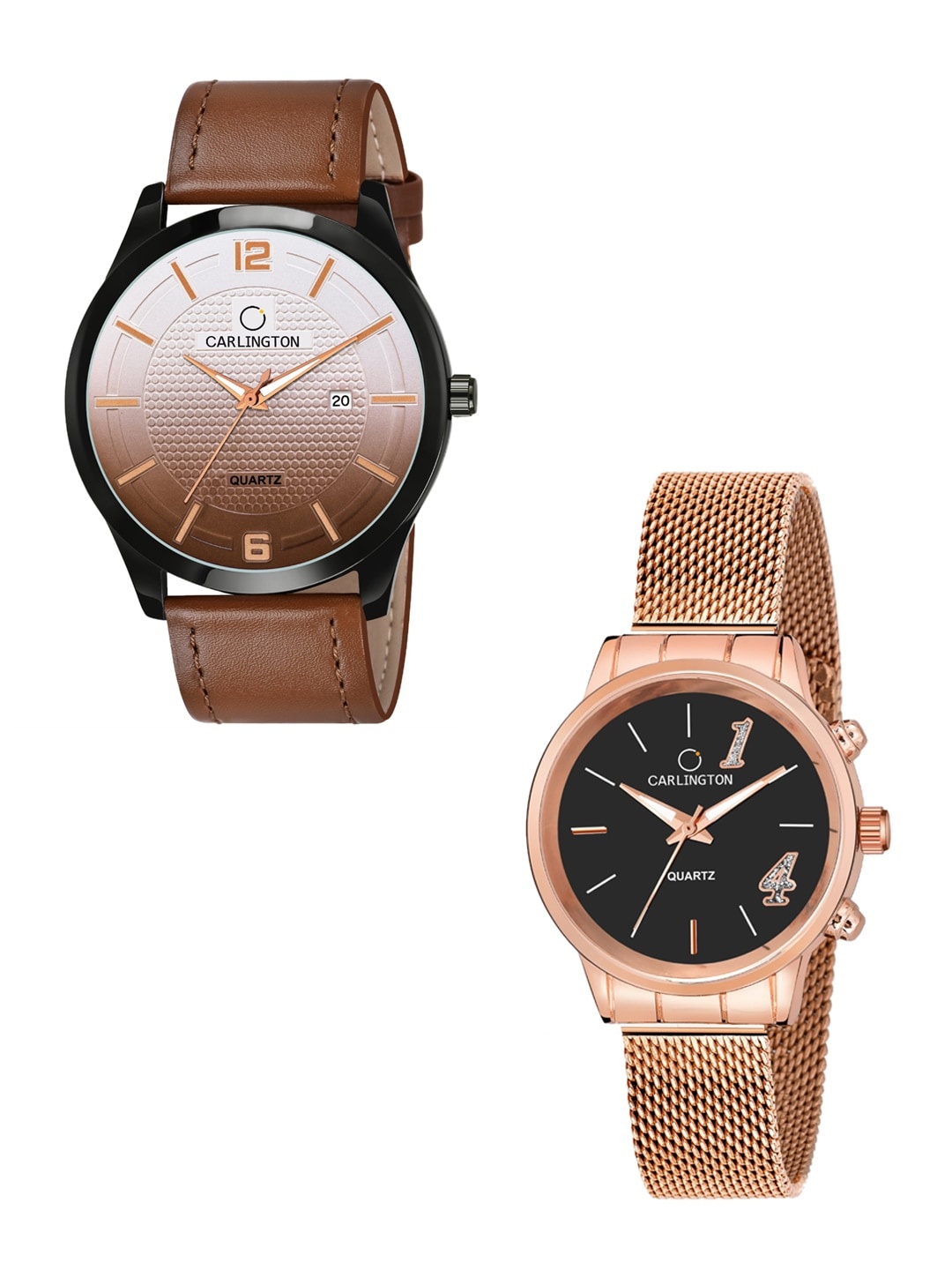 

CARLINGTON His & Her Tan Dial & Leather Straps Analogue Watches Combo CT1010 Tan