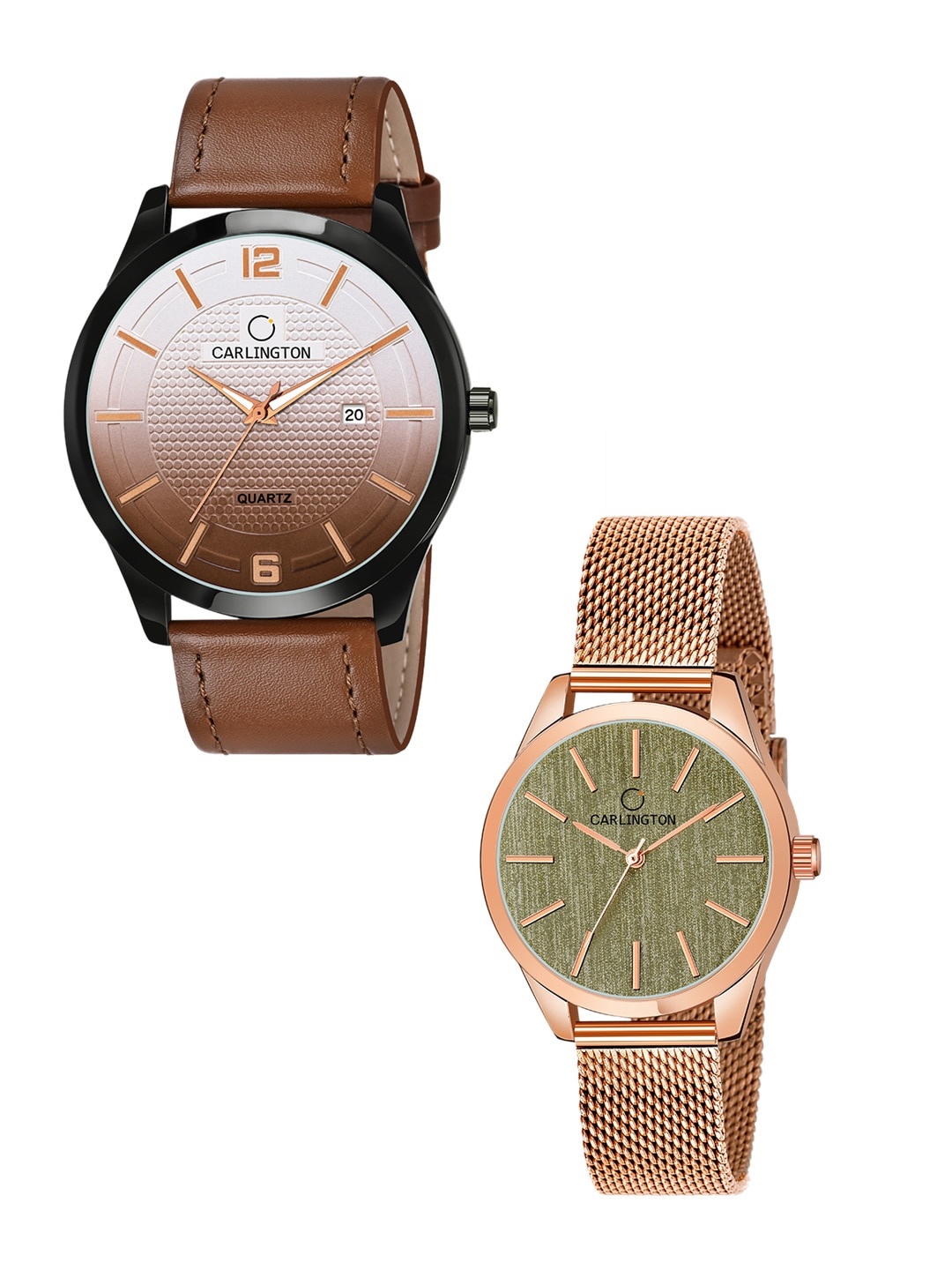 

CARLINGTON Unisex Set Of 2 Multicoloured Dial & Leather Straps Analogue Watches Combo CT1010 Tan - CT2001 Rose, Multi