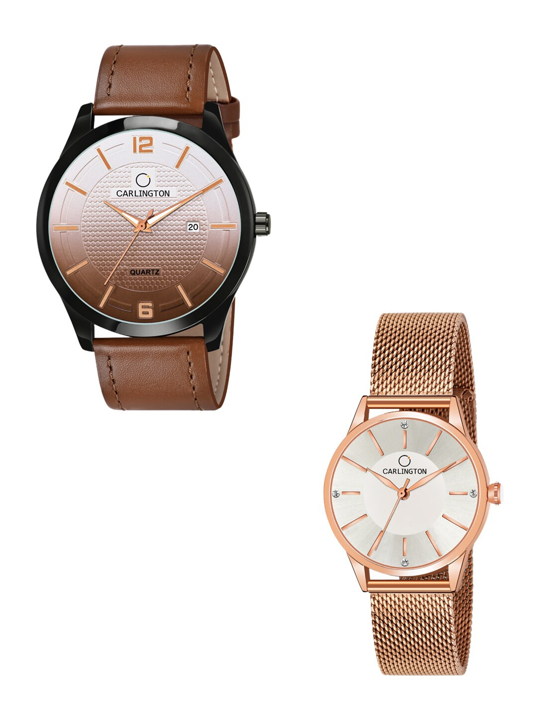 

CARLINGTON Unisex Multicoloured Dial & Leather Straps Analogue Watch Combo, Tan