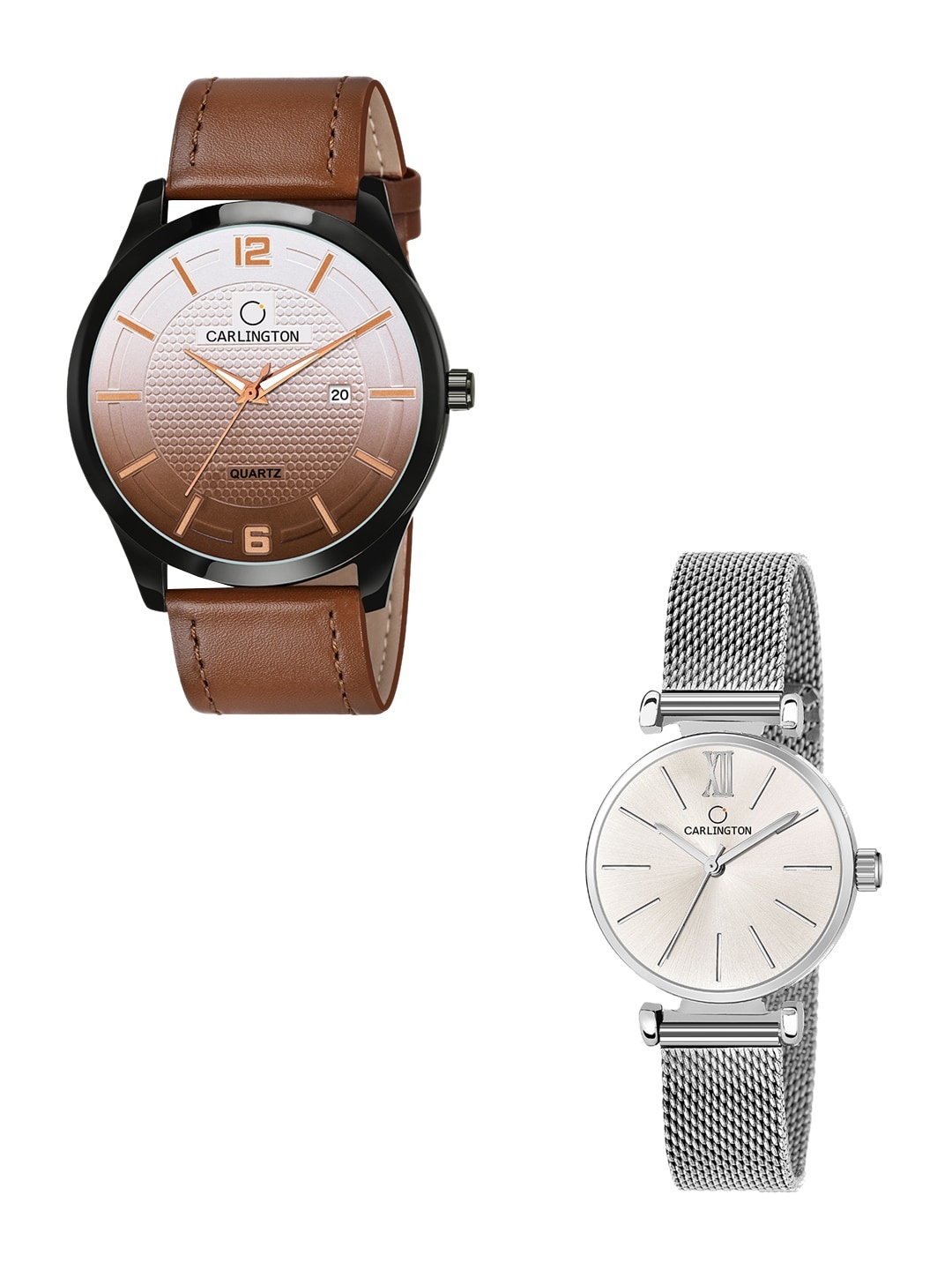 

CARLINGTON Unisex His and Her Watches Watch - Combo CT1010 Tan - CT2016 Silver
