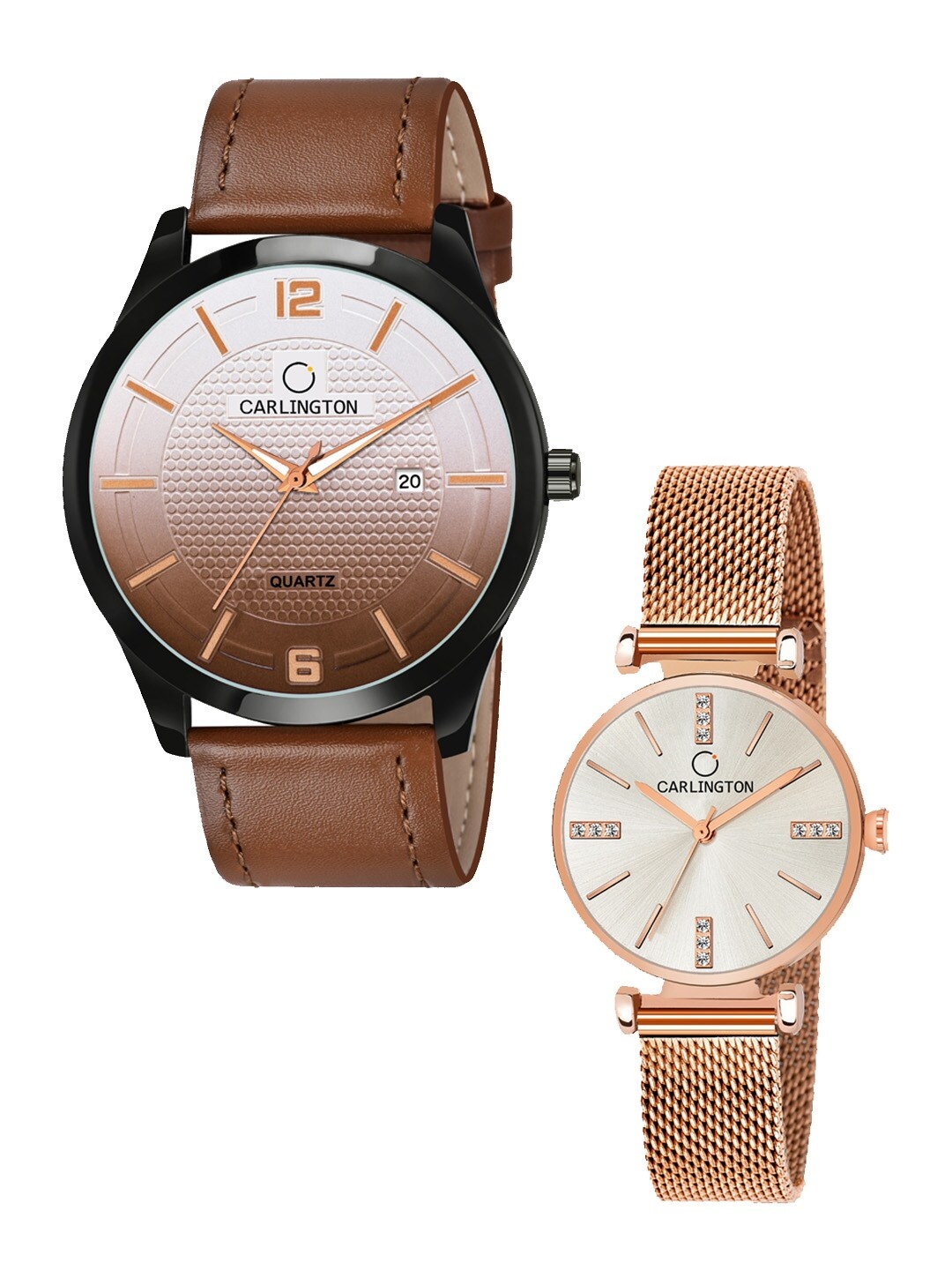 

CARLINGTON Unisex Tan Dial & Gold Leather Straps Analogue Watch Combo CT1010 Tan -