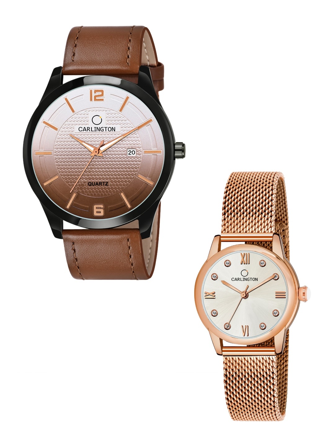 

CARLINGTON Unisex Tan & Rose-Gold Set Of His & Her Analogue Watch Set