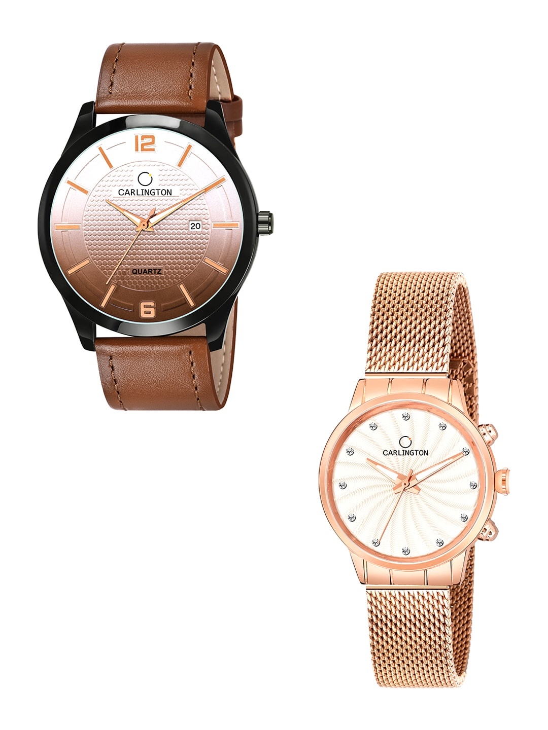 

CARLINGTON Unisex Set Of 2 Multicoloured Dial & Leather Straps Analogue Watches Combo CT1010 Tan - CT2017 Rose, Multi