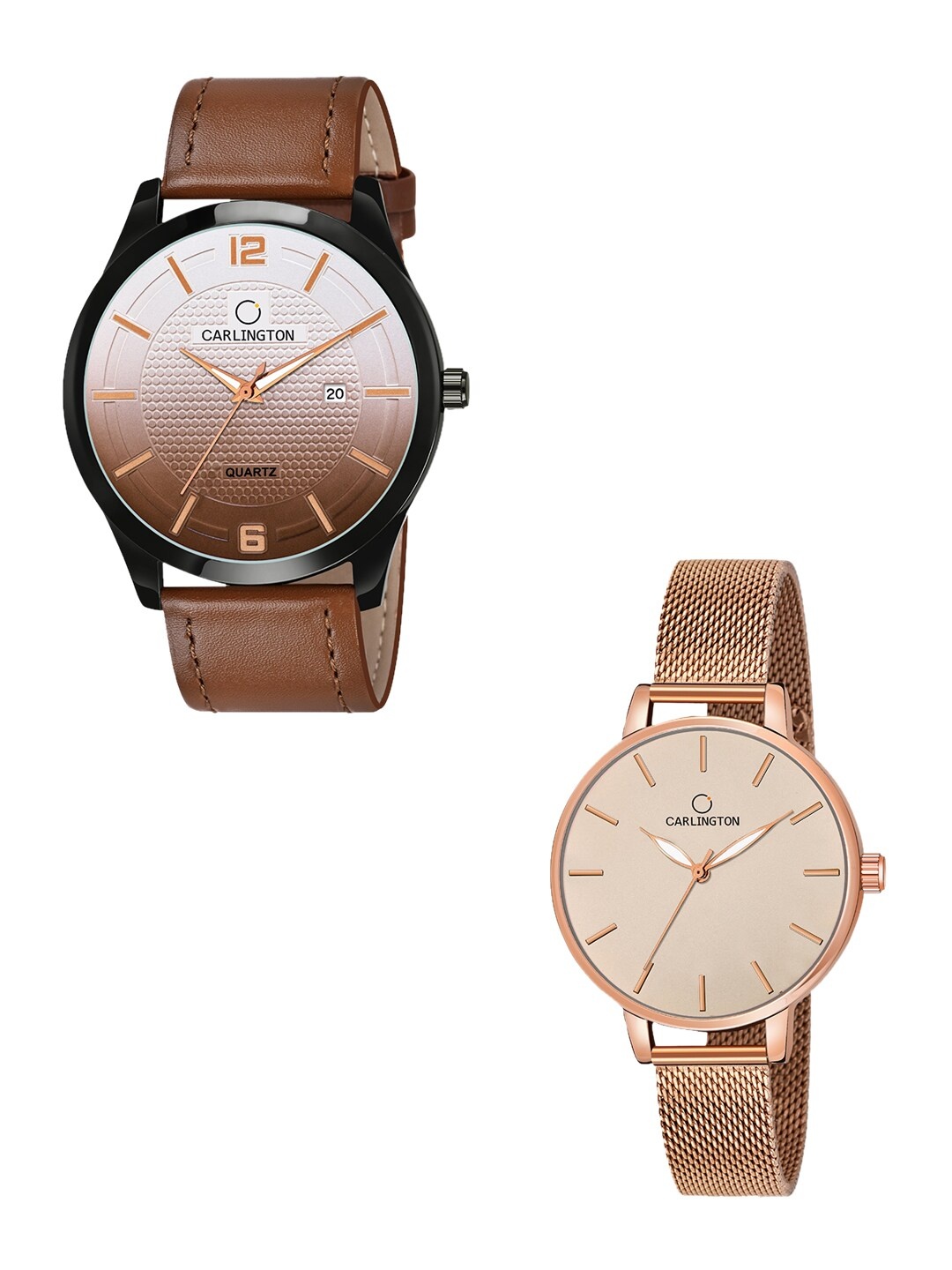 

CARLINGTON Unisex Multicoloured Analogue Watch Combo CT1010 Tan - CT2014 RoseGold