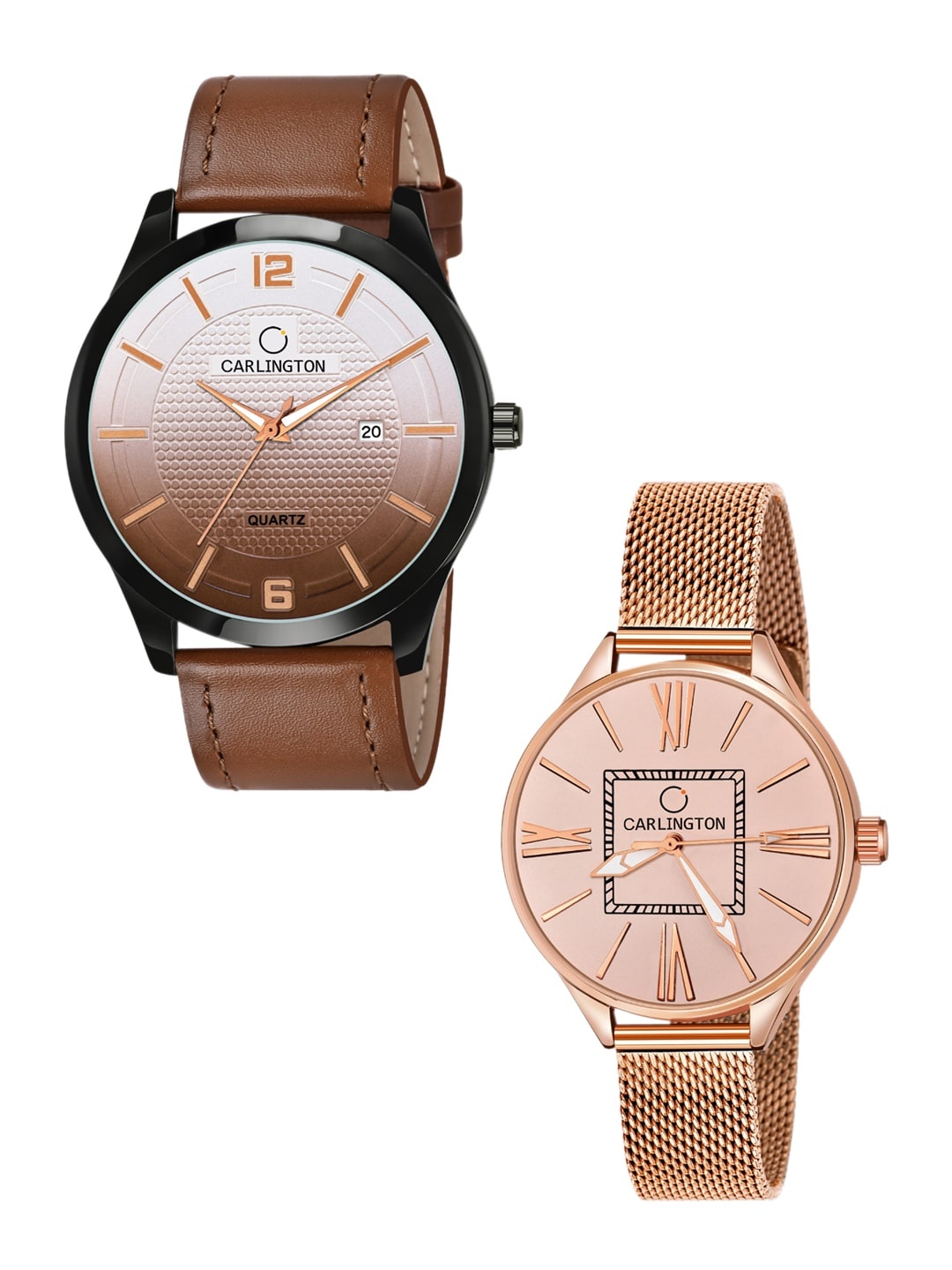 

CARLINGTON Unisex His and Her Watches Watch - Combo CT1010 Tan - CT2015 RoseGold