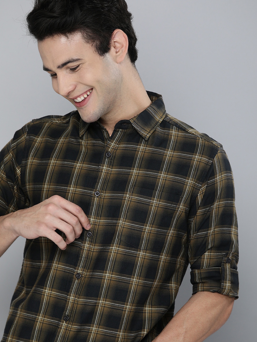 

HERE&NOW Men Green Tartan Checked Pure Cotton Casual Shirt