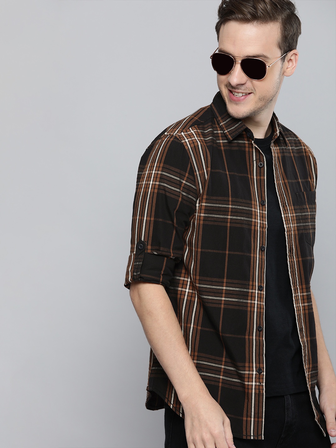 

HERE&NOW Men Black & Brown Slim Fit Checked Sustainable Casual Shirt