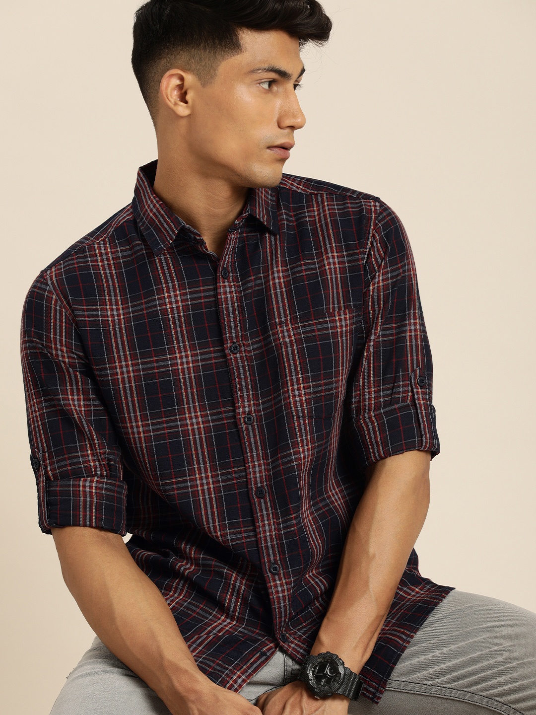 

Moda Rapido Men Navy Blue And Red Slim Fit Tartan Checked Pure Cotton Casual Shirt