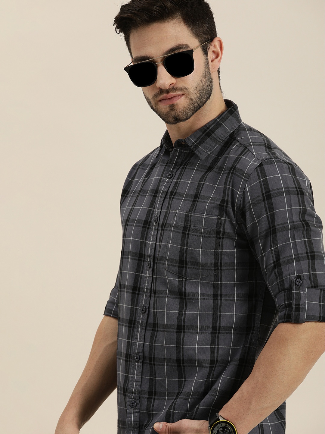 

Moda Rapido Men Grey Slim Fit Tartan Checks Pure Cotton Casual Shirt