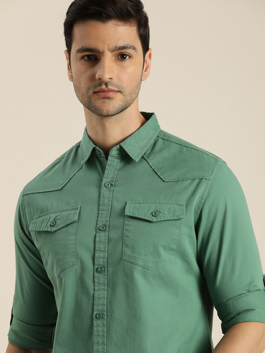 

Moda Rapido Men Green Solid Pure Cotton Casual Shirt