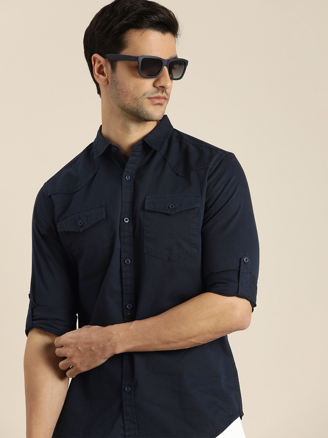 

Moda Rapido Men Navy Blue Solid Pure Cotton Casual Shirt