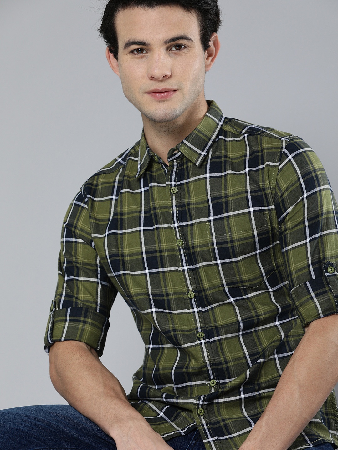 

HERE&NOW Men Green Tartan Checked Pure Cotton Casual Shirt