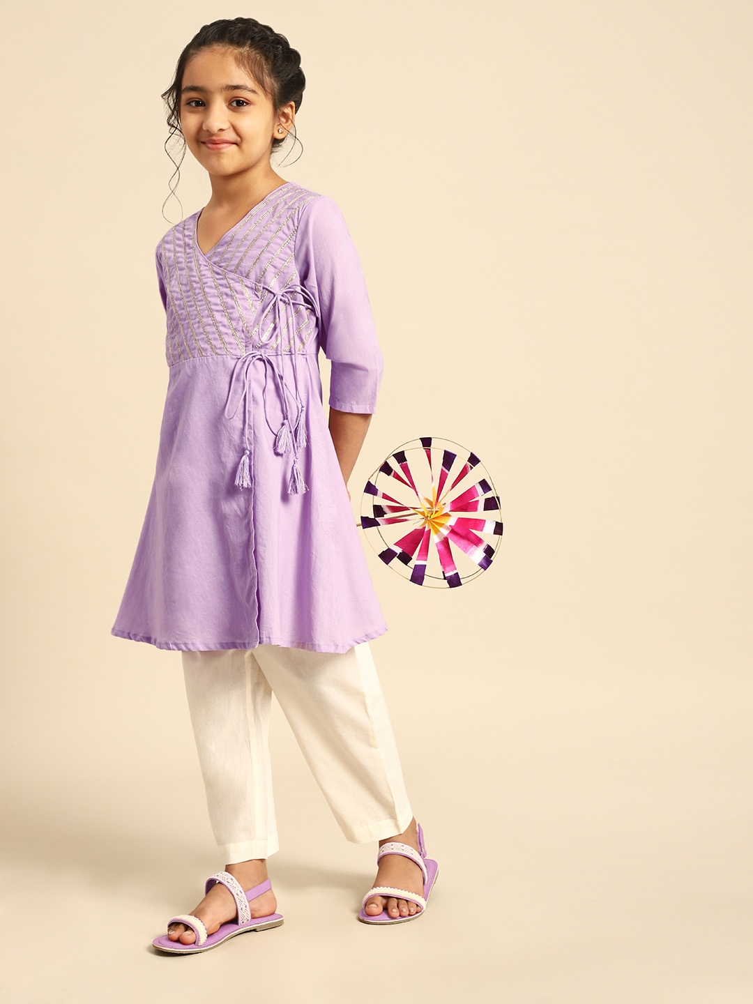 

House of Pataudi Girls Lavender Rozana Angrakha Pure Cotton Kurta with Pyjamas
