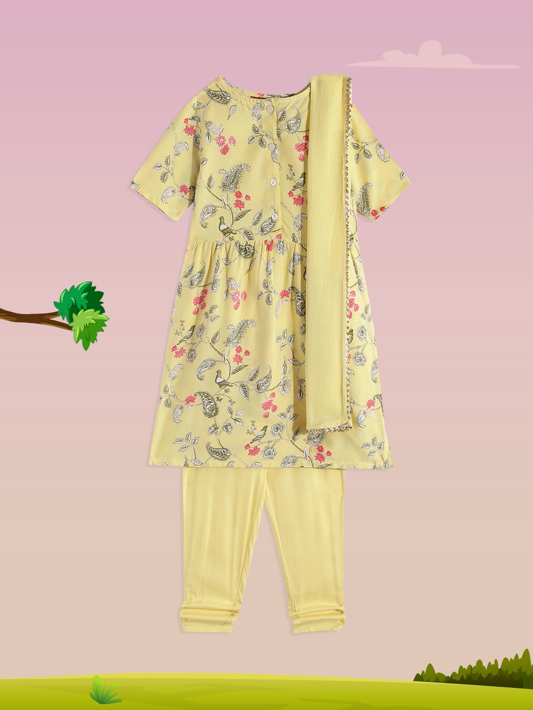 

House of Pataudi Girls Yellow Floral Printed Empire Kurta With Trousers & Dupatta Set