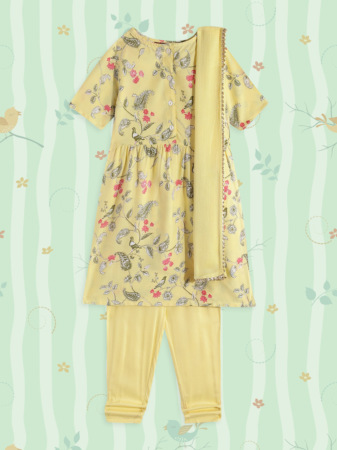 

House of Pataudi Girls Yellow Floral Printed Empire Kurta With Trousers & Dupatta Set