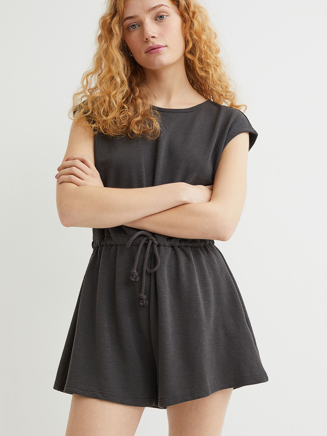 

H&M Women Charcoal Grey Solid Drawstring Playsuit