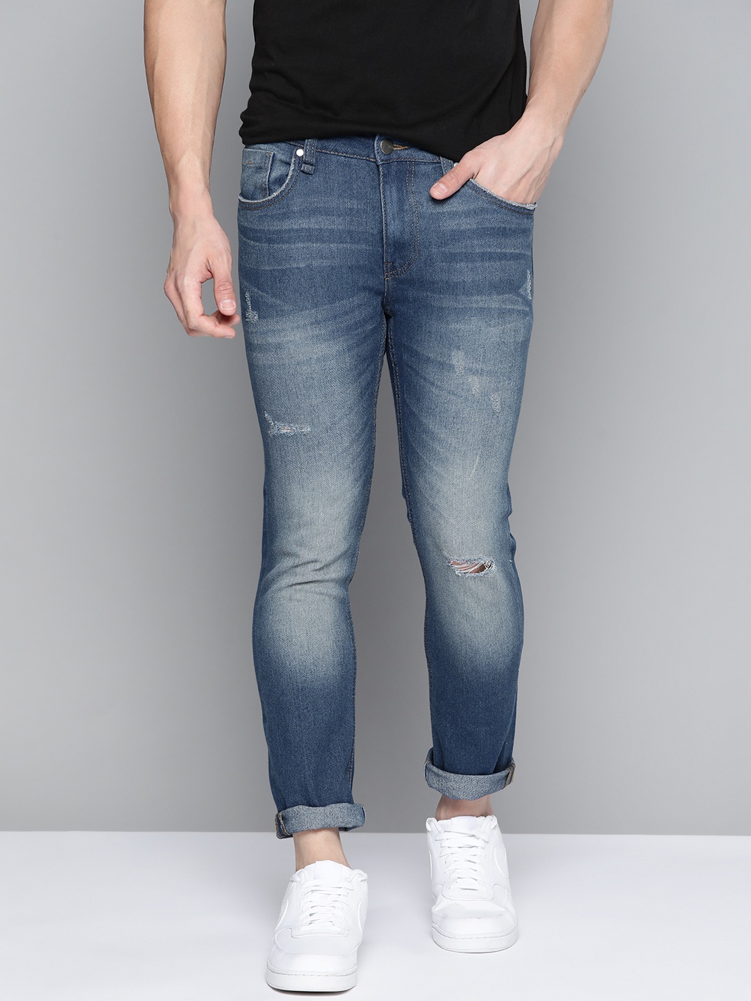 

Mast & Harbour Men Blue Skinny Fit Low Distress Light Fade Stretchable Jeans