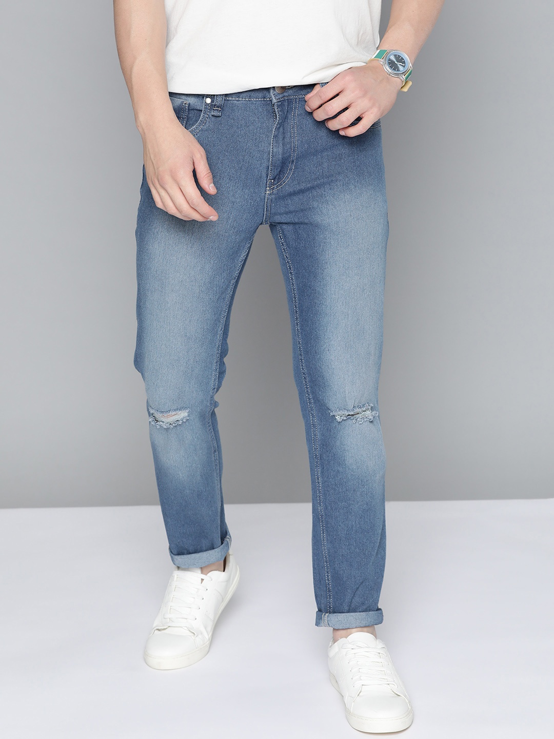

Mast & Harbour Men Blue Skinny Fit Slash Knee Heavy Fade Stretchable Jeans