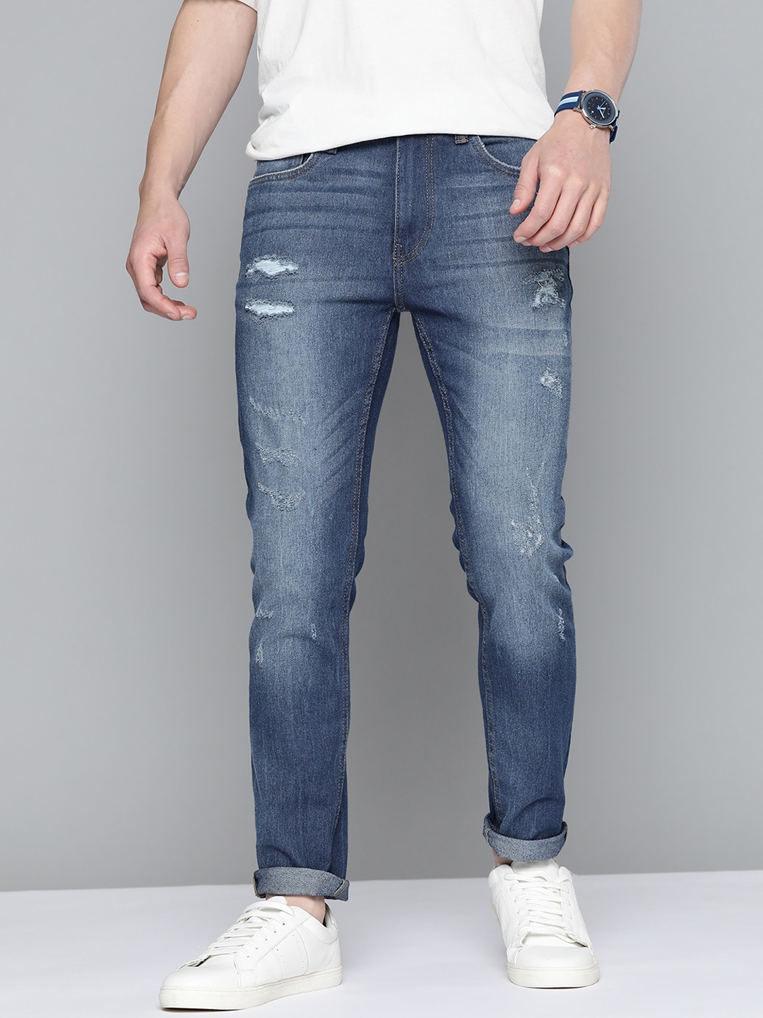 

Mast & Harbour Men Navy Blue Skinny Fit Low Distress Heavy Fade Stretchable Jeans