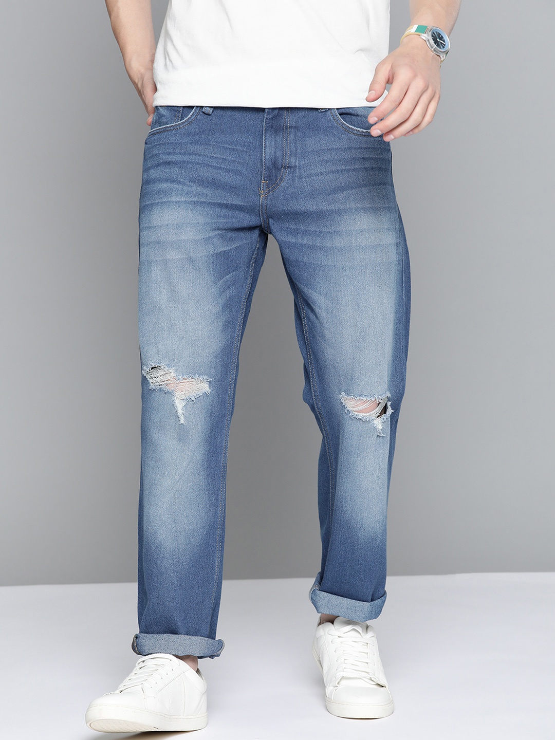 

Mast & Harbour Men Navy Blue Slim Fit Slash Knee Heavy Fade Stretchable Jeans