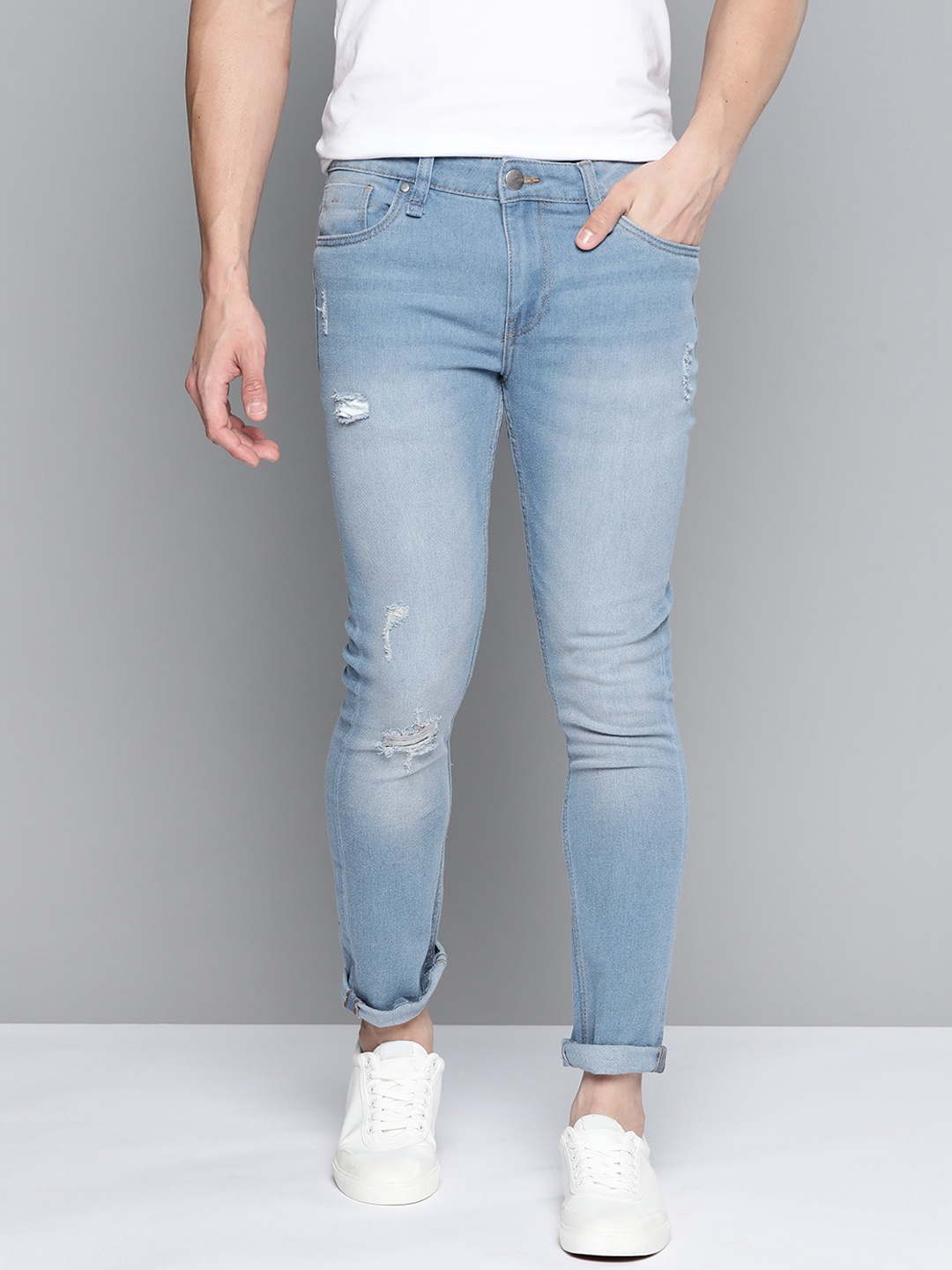 

Mast & Harbour Men Blue Skinny Fit Low Distress Light Fade Stretchable Jeans