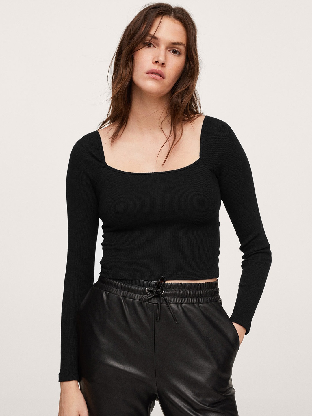 

MANGO Women Black Solid Crop Top