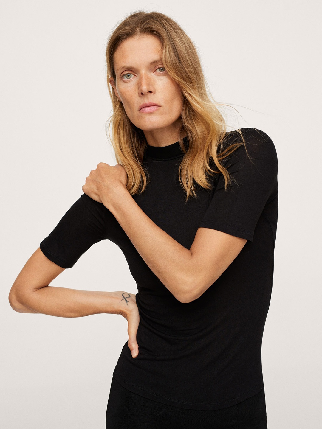 

MANGO Women Black Solid High Neck T-shirt